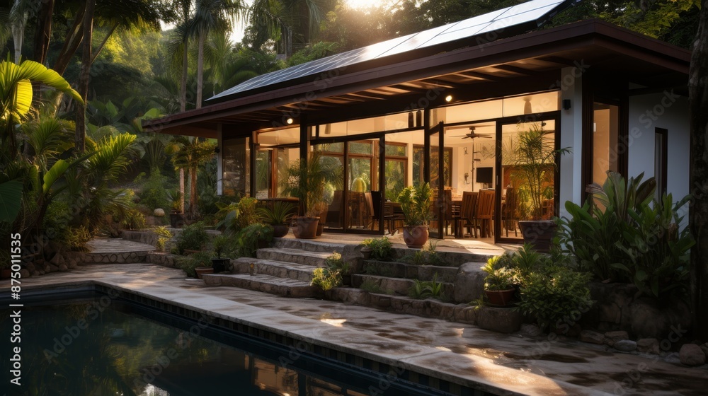 Modern tropical home with solar panels, pool and jungle garden for sale or rent, suitable for real estate, holiday and travel enthusiasts Modern tropical home with solar panels, pool and jungle garden for sale or rent, suitable for real estate, holiday and travel enthusiasts