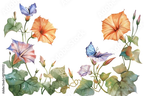 Watercolor illustration of orange and purple morning glory flowers with blue butterflies. photo