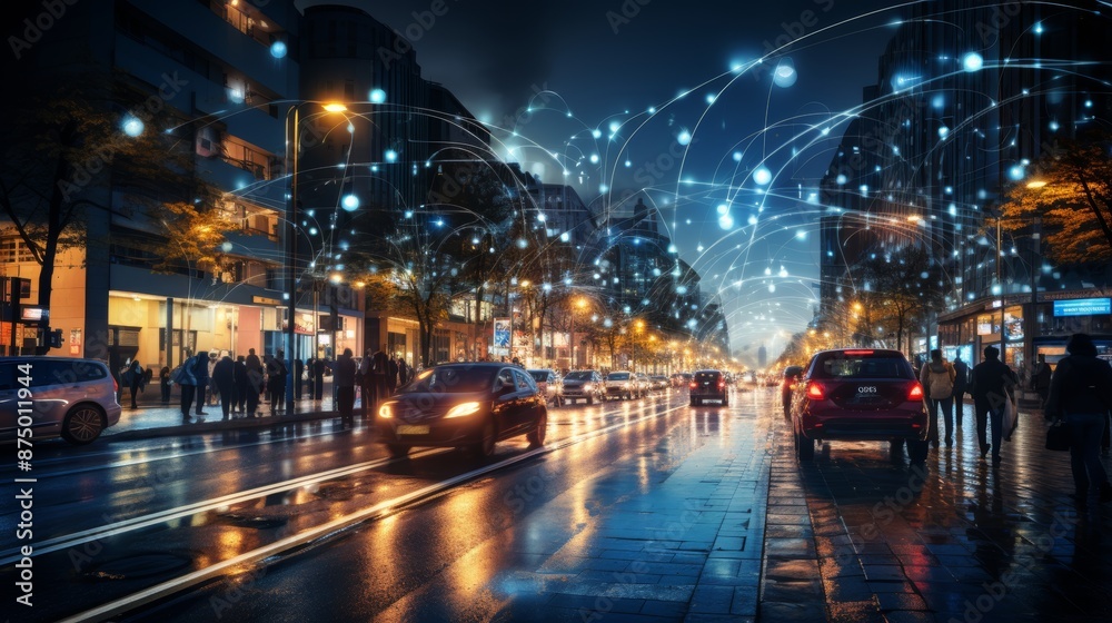 Wireless network technologies depicted against the backdrop of a contemporary city skyline at night Wireless network technologies depicted against the backdrop of a contemporary city skyline at night