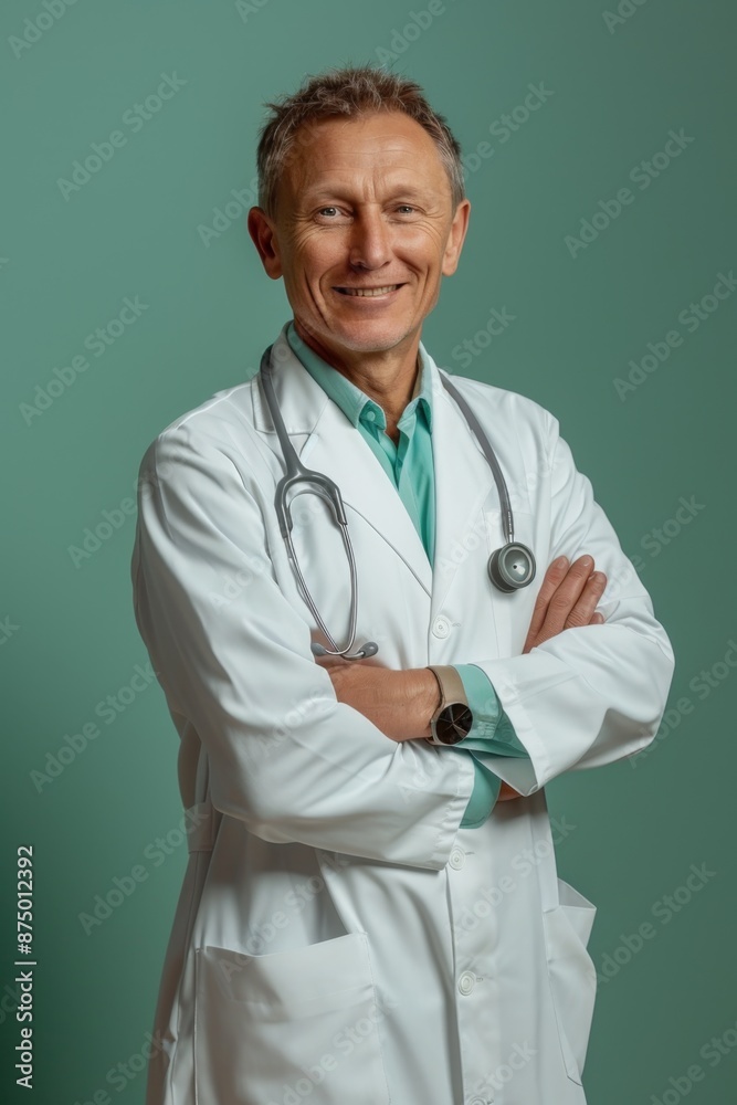 Portrait of a smiling doctor with arms crossed in a white lab coat, standing against a green background Portrait of a smiling doctor with arms crossed in a white lab coat, standing against a green background