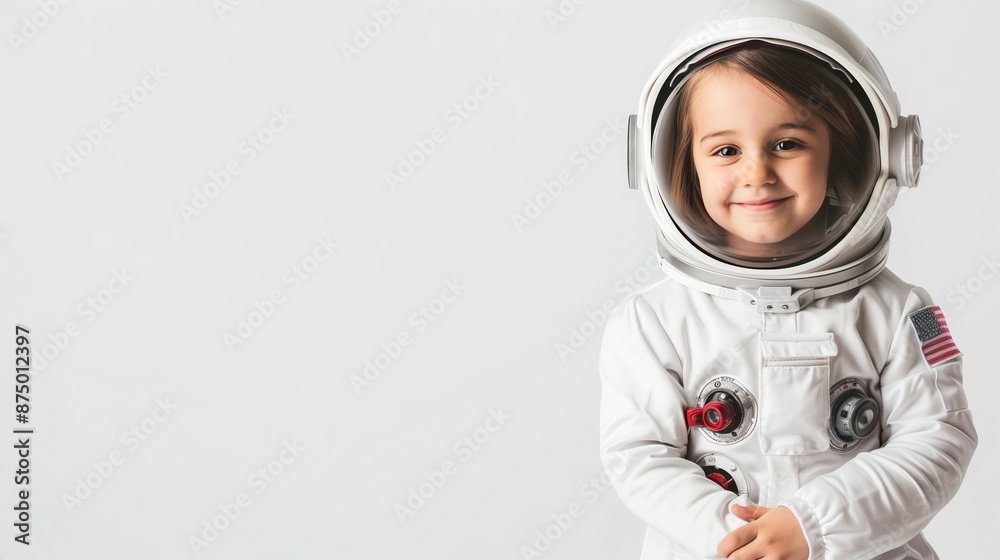 A child dressed as an astronaut, standing and smiling happily, isolated on a white background. A child dressed as an astronaut, standing and smiling happily, isolated on a white background.