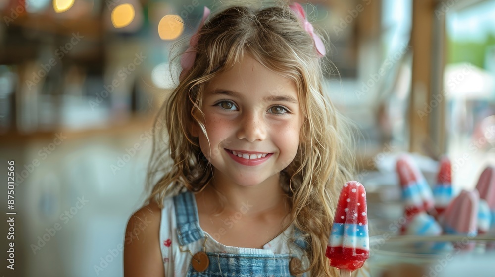 A child enjoying a red, white, and blue popsicle against a plain white background, symbolizing summer and celebration. A child enjoying a red, white, and blue popsicle against a plain white background, symbolizing summer and celebration.
