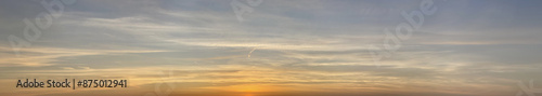 Evening panoramic sky with cloud and orange sun light, skyline weather background