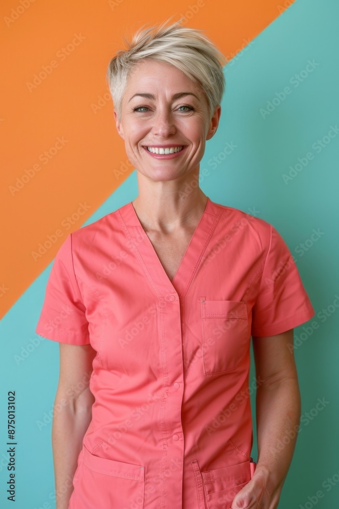 Portrait of a smiling female doctor wearing a pink scrubs against a turquoise and orange background