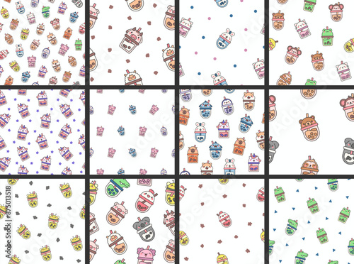 Matcha bubble tea with animal faces. Seamless pattern. Boba beverage. Hand style. Vector drawing. Collection of design ornaments.