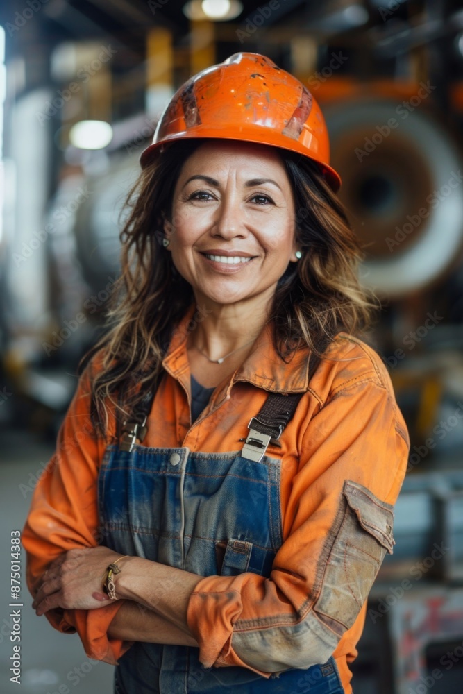 Confident female worker in a factory setting Confident female worker in a factory setting
