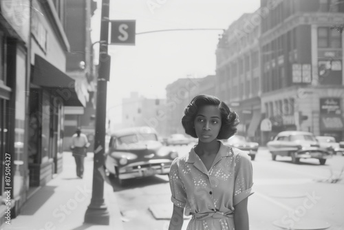 Vintage 1950s street scene with African American woman in midcentury fashion on city sidewalk. History, urban culture, classic fashion, nostalgic moment, mid20thcentury lifestyle. photo