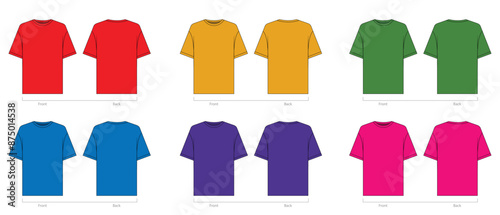 T-shirt vector template set mock up isolated on white background. flat technical drawing template. Unisex T-Shirt illustration, colorful front and back view, white. T-shirt Mock up Front and back.