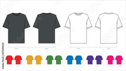 T-shirt vector template set mock up isolated on white background. flat technical drawing template. Unisex T-Shirt illustration, colorful front and back view, white. T-shirt Mock up Front and back.