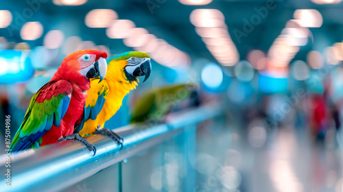 exotic parrots perched together at an airport. Concept of illegal animal trafficking and transportation of rare species. Highlights border control, animal transport regulations, and wildlife protectio photo