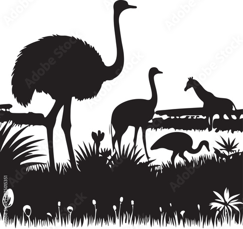 Black silhouette of ostrich, giraffe and trees, vector black color silhouette
