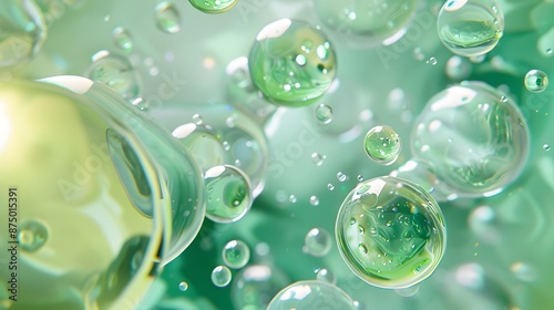 Molecule and green cosmetics liquid ball background, 3d rendering. 