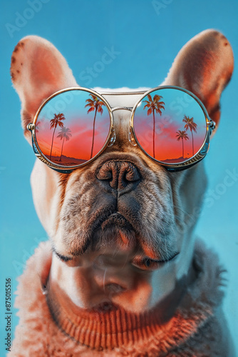 French bulldog wearing sunglasses with palm reflection. Generative AI image