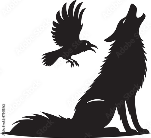 Howling Wolf Crow Moon Animal, vector black color silhouette