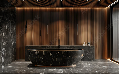 Modern bathroom black walls with thin wooden slats on the wall and ceiling, Bathroom interior design
