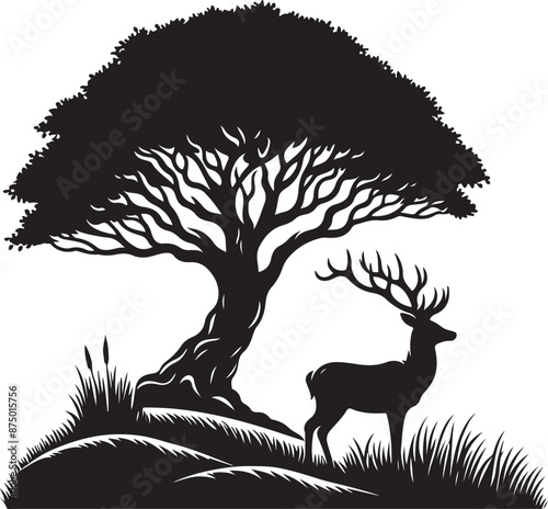 A deer is standing on grass, vector black color silhouette