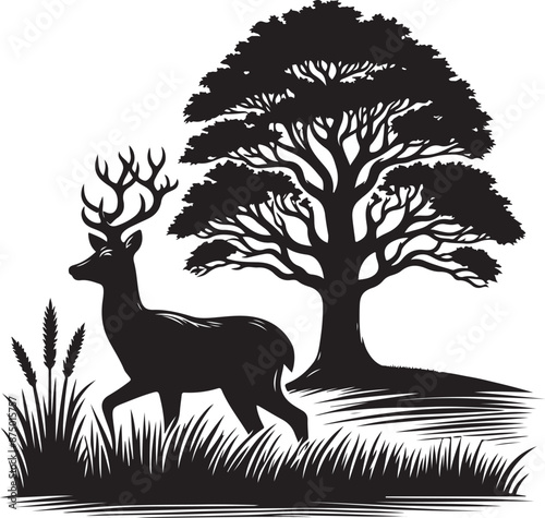 A deer is standing on grass, vector black color silhouette