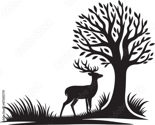 A deer is standing on grass, vector black color silhouette