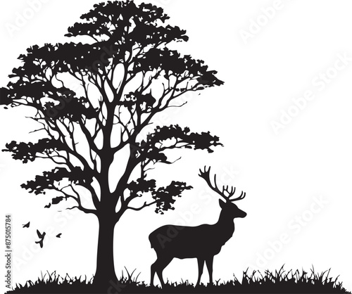 A deer is standing on grass, vector black color silhouette