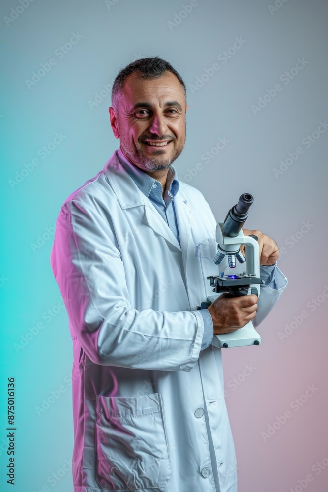 A confident scientist holds a microscope with a smile A confident scientist holds a microscope with a smile