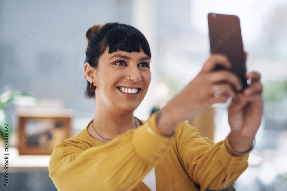 Smile, selfie and business woman in office on break for social media, online post and update profile. Workplace, professional and person take picture and happy for memory, internet and company blog Smile, selfie and business woman in office on break for social media, online post and update profile. Workplace, professional and person take picture and happy for memory, internet and company blog