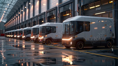 A fleet of electric delivery vans parked at a logistics hub. The sustainable technology reduces carbon emissions and operational costs.