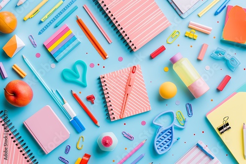 Colorful school supplies flat lay, light background, playful design style, geometric shapes, creativity in learning.