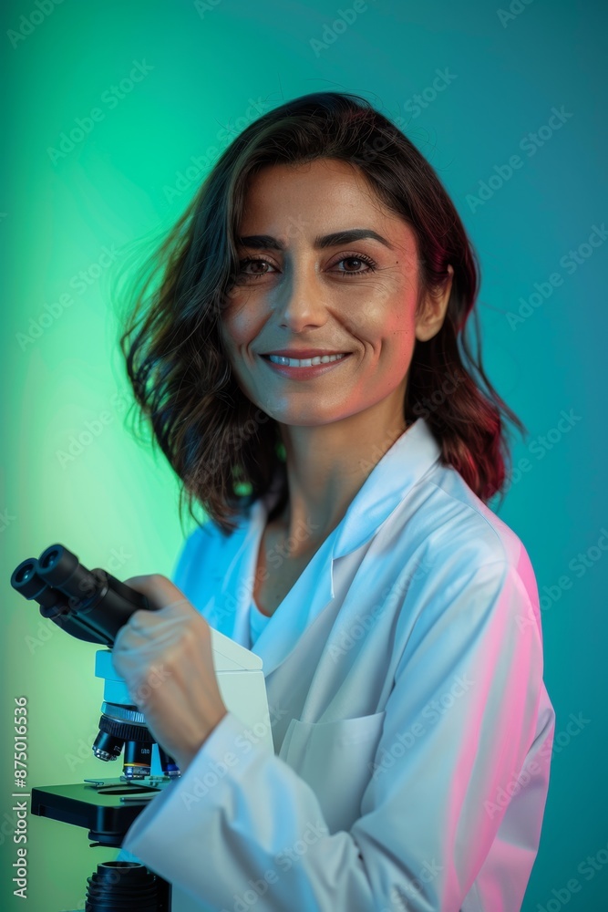 A smiling female scientist holding a microscope in a lab with colourful lighting A smiling female scientist holding a microscope in a lab with colourful lighting