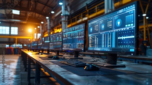 A logistics control room with multiple monitors displaying real-time data on shipments and inventory. The technology enables efficient management of the entire supply chain.