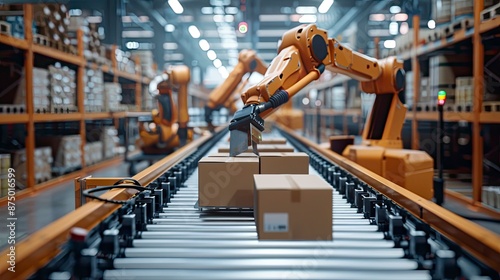 An automated warehouse system with robotic arms sorting and packing orders. The logistics technology increases productivity and accuracy.