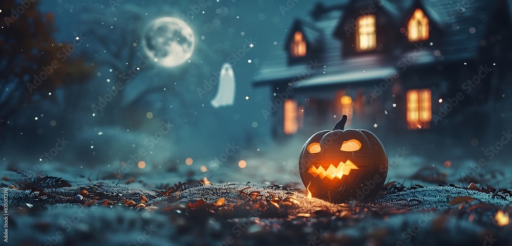 A chilling Halloween scene with pumpkins, bats, and colorful ghosts against an isolated background. An empty space in the middle adds an eerie touch A chilling Halloween scene with pumpkins, bats, and colorful ghosts against an isolated background. An empty space in the middle adds an eerie touch