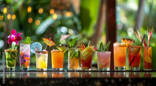 Assortment of colorful exotic alcoholic cocktails served in glasses with garnishes
