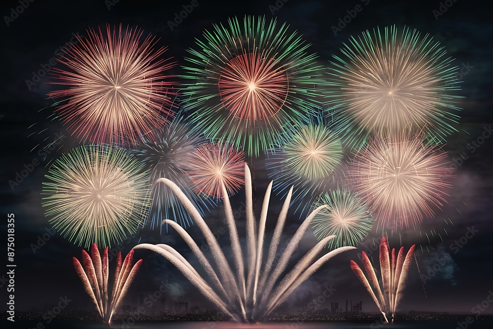 fireworks exploding in the night sky. The scene should capture a variety of colorful fireworks, including bursts of red, green, blue, and yellow, illuminating the darkness fireworks exploding in the night sky. The scene should capture a variety of colorful fireworks, including bursts of red, green, blue, and yellow, illuminating the darkness