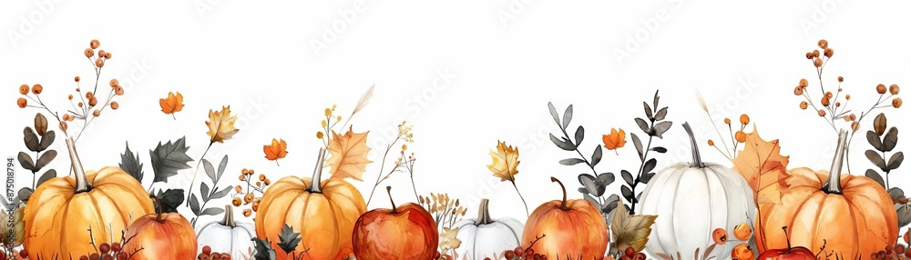 Naklejka premium Watercolor pumpkins and apples, Autumn harvest, rich colors