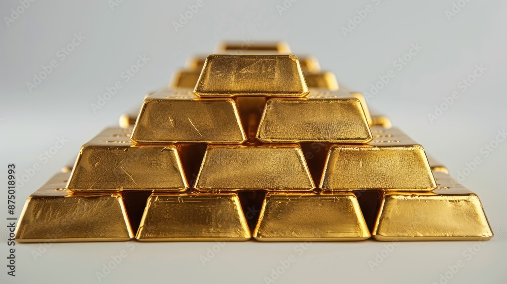 Stacked gold bars in a neat arrangement, white background, high resolution, illustration background Stacked gold bars in a neat arrangement, white background, high resolution, illustration background