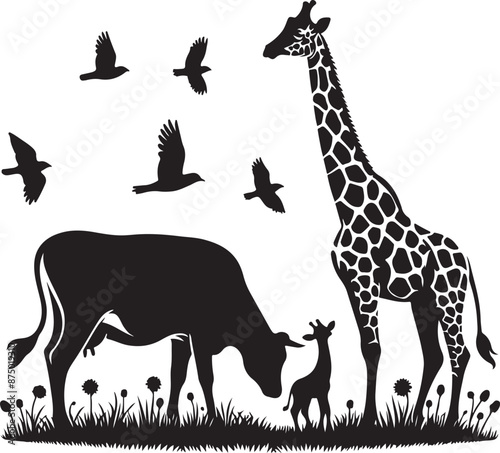 natural animal cow is grazing on the grass., vector black color silhouette 