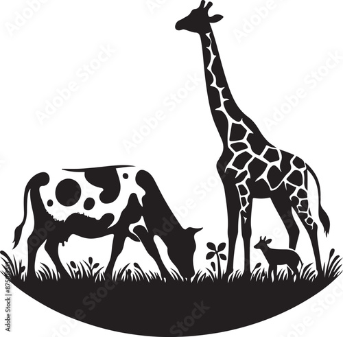 natural animal cow is grazing on the grass., vector black color silhouette 