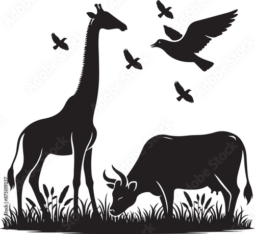 natural animal cow is grazing on the grass., vector black color silhouette 