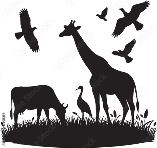 natural animal cow is grazing on the grass., vector black color silhouette 