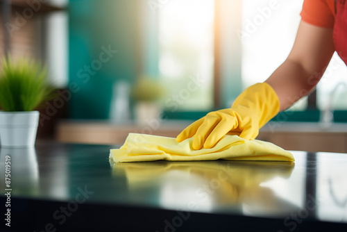 A person wearing yellow gloves wipes a kitchen surface with a cloth. The scene emphasizes cleanliness and hygiene, highlighting the importance of maintaining a tidy and sanitary home environment. 