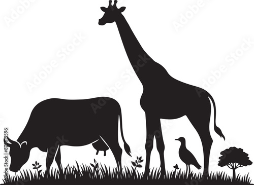 natural animal cow is grazing on the grass., vector black color silhouette 