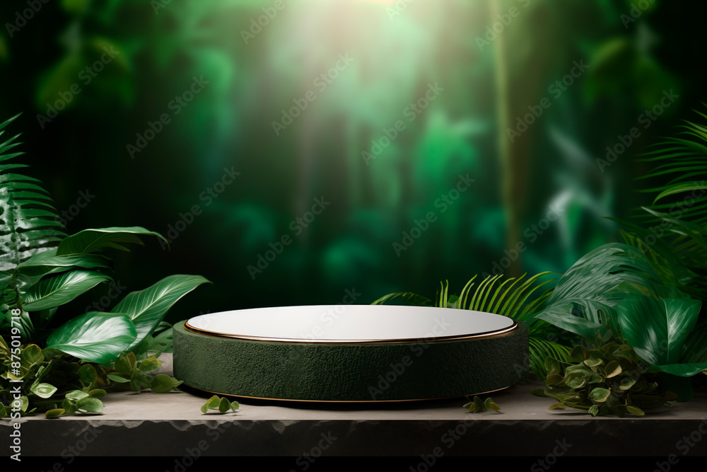 A 3D green podium surrounded by lush foliage and forest elements, perfect for eco-friendly product display in a natural setting.
A 3D green podium surrounded by lush foliage and forest elements, perfect for eco-friendly product display in a natural setting.