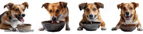 A cute dog drinking from a water bowl. Isolated transparent background