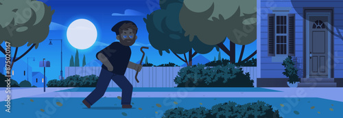 Thief sneaks across lawn to break into house. Night house robber flat vector illustration