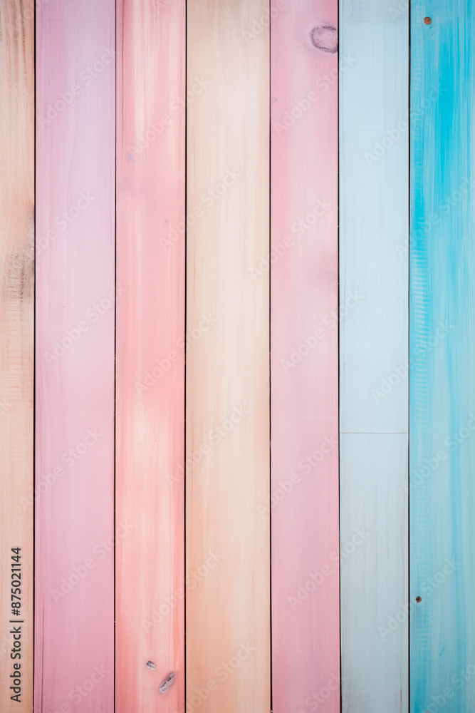 Vertical wooden planks painted in soft pastel colors, including pink, blue, and beige, creating a smooth and colorful textured background. Vertical wooden planks painted in soft pastel colors, including pink, blue, and beige, creating a smooth and colorful textured background.