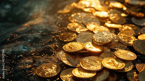 A lot of spilled gold coins, scattered on a surface, illustration background