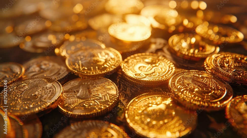 Gold coins spread out on a table, detailed and realistic, illustration background Gold coins spread out on a table, detailed and realistic, illustration background