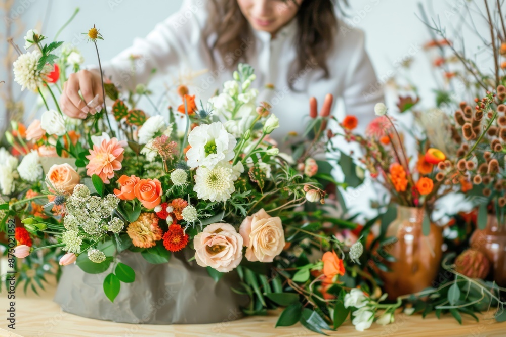 floral designer creating a bouquet for a wedding table floral designer creating a bouquet for a wedding table