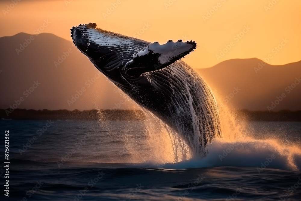 Fototapeta premium A humpback whale majestically breaches the ocean surface at sunset, creating a dramatic splash against the golden sky, capturing the breathtaking beauty and power of marine wildlife.
