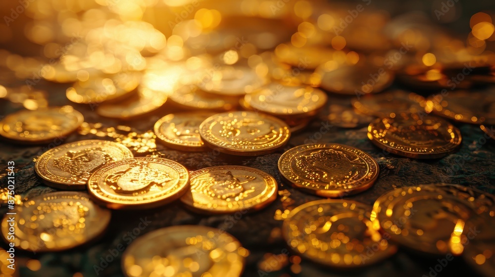 Gold coins spread out on a table, detailed and realistic, illustration background Gold coins spread out on a table, detailed and realistic, illustration background